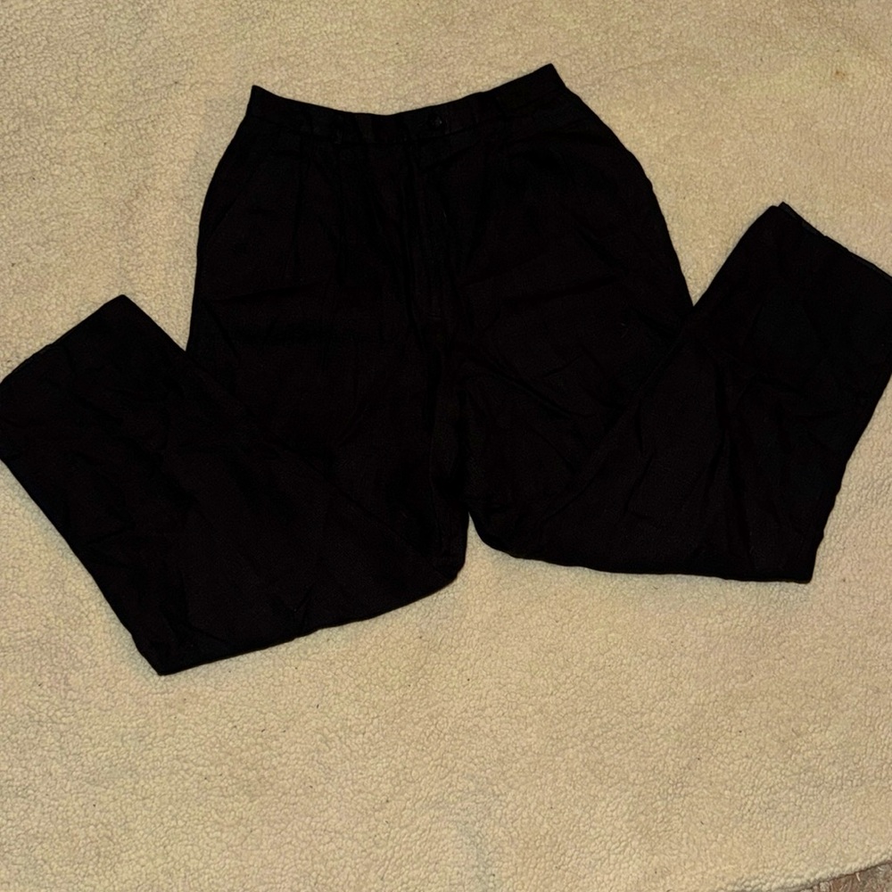 Talbots Irish Linen Black Trousers Pants Size 8 High Rise Pleated Pockets Crop